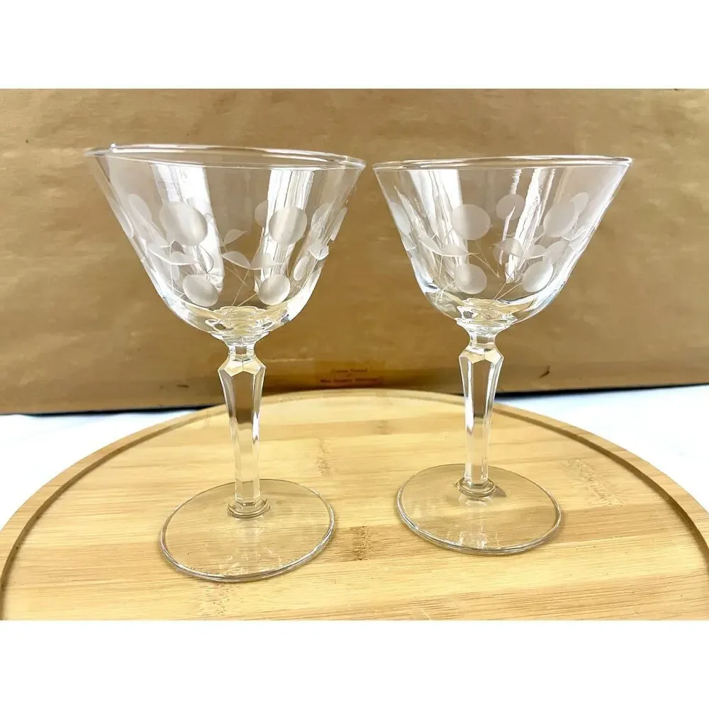 VTG Set of 2 Clear Carlton Champagne Glasses‎ Martini Stem Libbey Glass Etched